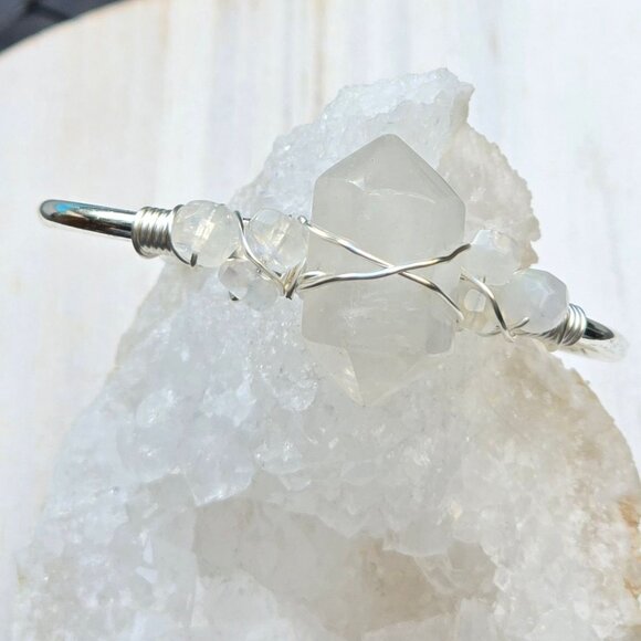 Moonstone Wire Wrap Cuff – 925 Silver Over Copper – Intuition & Balance Talisman - Picture 3 of 11